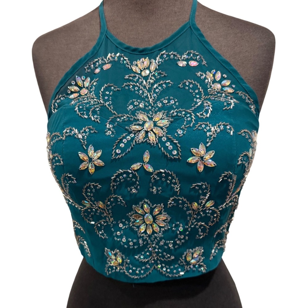 Bee Darlin Teal Beaded Rhinestone Halter Crop Top Prom Homecoming Size‎ 3/4